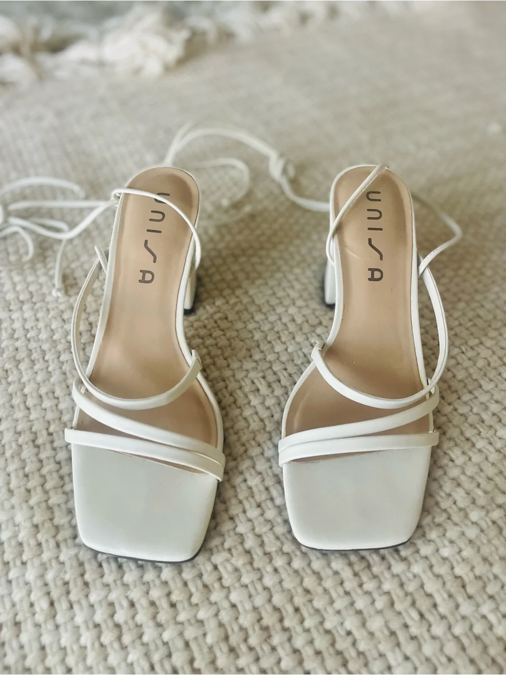 Unisa Women’s White Strappy Square-Toe Lace-Up Heels